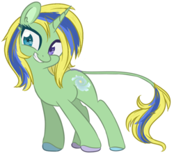Size: 600x536 | Tagged: safe, artist:sinamuna, oc, oc only, oc:lemon pop, pony, unicorn, au:equuis, alternate universe, base used, blonde hair, blue eyes, blue hair, colored hooves, cutie mark, female, full body, green fur, heterochromia, horn, leonine tail, mare, multicolored hair, purple eyes, redesign, simple background, smiling, solo, transparent background, updated design