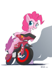 Size: 1414x2000 | Tagged: safe, artist:satv12, pinkie pie, earth pony, pony, g4, female, mare, motorcycle, simple background, solo, white background