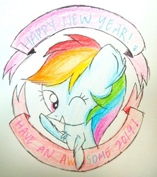 Size: 1992x2240 | Tagged: safe, artist:sumi-mlp25, rainbow dash, pony, g4, banners, female, happy new year, happy new year 2019, holiday, one eye closed, raised hoof, simple background, solo, traditional art, wink