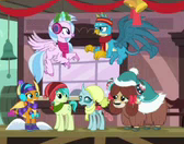 Size: 168x132 | Tagged: safe, screencap, gallus, ocellus, sandbar, silverstream, smolder, yona, changedling, changeling, dragon, griffon, hippogriff, pony, yak, best gift ever, g4, hearth's warming, picture for breezies, train station, winter outfit