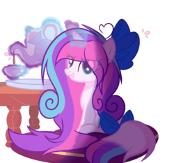 Size: 1447x1353 | Tagged: safe, artist:xmelodyskyx, oc, oc only, oc:magical melody, pony, unicorn, base used, bow, female, glowing horn, hair bow, horn, magic, mare, pillow, simple background, solo, tail bow, teapony, telekinesis, transparent background