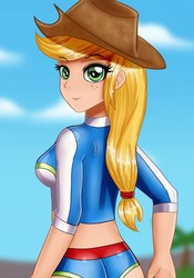 Size: 724x1034 | Tagged: safe, artist:focusb, applejack, human, g4, my little pony equestria girls: better together, applebutt, applejack's beach shorts swimsuit, applejack's hat, ass, butt, clothes, cowboy hat, female, freckles, hat, humanized, looking at you, looking back, looking back at you, solo, stetson, swimsuit