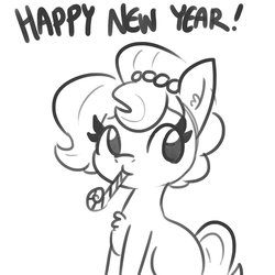 Size: 1650x1650 | Tagged: safe, artist:tjpones, oc, oc only, oc:brownie bun, earth pony, pony, candy, candy cane, ear fluff, female, food, hair bun, happy new year, holiday, looking at you, mare, monochrome, mouth hold, party horn, simple background, sketch, solo, white background