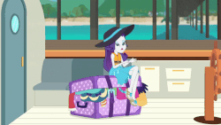 Size: 800x450 | Tagged: safe, screencap, rarity, equestria girls, equestria girls series, g4, the salty sails, animated, animation error, clothes, crossed legs, feet, female, flip-flops, geode of shielding, gif, hat, luggage, magical geodes, rarity's blue sarong, sandals, solo, sun hat, swimsuit