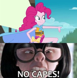 Size: 1080x1098 | Tagged: safe, edit, edited screencap, screencap, pinkie pie, equestria girls, g4, my little pony equestria girls: better together, the salty sails, cape, clothes, edna mode, meme, no capes, superhero, swimsuit, the incredibles