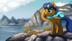 Size: 1280x720 | Tagged: safe, artist:ailish, derpibooru exclusive, oc, oc only, oc:crushingvictory, pegasus, pony, animated, blowing in wind, clothes, folded wings, goggles, grass, male, moving camera, no sound, scarf, stallion, vector, webm, ych result