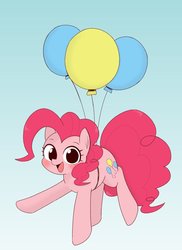 Size: 917x1259 | Tagged: safe, artist:manachaaaaaaaa, pinkie pie, earth pony, pony, g4, balloon, female, floating, happy, mare, sky, solo, then watch her balloons lift her up to the sky