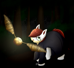 Size: 1886x1734 | Tagged: safe, artist:nekoremilia1, oc, oc only, oc:valentine runner, pony, art trade, crossover, dark, forest, glasses, golden snitch, harry potter, harry potter (series), red hair, solo