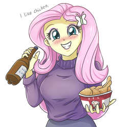 Size: 1871x2005 | Tagged: safe, artist:sumin6301, fluttershy, equestria girls, g4, 2019, alcohol, beer, blasphemy, breasts, bucket, busty fluttershy, chicken wings, clothes, dialogue, female, food, happy new year, heresy, holiday, kfc, out of character, simple background, smiling, solo, sweater, sweatershy, white background