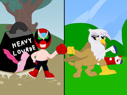 Size: 1280x960 | Tagged: safe, artist:mrtheamazingdude, gilda, pinkie pie, earth pony, griffon, pony, g4, abuse, female, fist bump, french, homestar runner, male, mare, pinkiebuse, squashed, strong bad