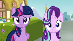 Size: 1280x720 | Tagged: safe, screencap, starlight glimmer, twilight sparkle, alicorn, pony, unicorn, fame and misfortune, g4, concerned, duo, duo female, female, flower, flower pot, folded wings, frown, hair flip, hair over one eye, hedge, height difference, house, lidded eyes, looking at you, mare, ponyville, sad, twilight sparkle (alicorn), wide eyes, wings