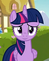 Size: 720x900 | Tagged: safe, edit, edited screencap, editor:axal-5, screencap, twilight sparkle, alicorn, pony, fame and misfortune, g4, cropped, cute, female, flower, folded wings, happy, hedge, house, inverted mouth, lidded eyes, looking at you, mare, ponyville, smiling, solo, twiabetes, twilight sparkle (alicorn), wings