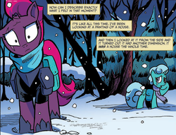 Size: 874x667 | Tagged: safe, artist:andy price, idw, official comic, glitter drops, tempest shadow, pony, unicorn, g4, spoiler:comic, spoiler:comic68, broken horn, clothes, cropped, duo, eye scar, female, horn, mare, saddle bag, scar, scarf, snow, tempest's tale