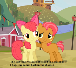 Size: 866x768 | Tagged: safe, edit, edited screencap, screencap, apple bloom, babs seed, earth pony, pony, apple family reunion, g4, caption, cute, farm, female, filly, image macro, sweet apple acres, text