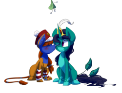 Size: 1024x785 | Tagged: safe, artist:crownedspade, oc, oc only, oc:arabella, oc:jail break, earth pony, pony, unicorn, female, kissing, mare, mistletoe, simple background, snow, transparent background