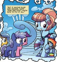 Size: 702x768 | Tagged: safe, artist:agnesgarbowska, idw, official comic, rainbow dash, windy whistles, earth pony, pegasus, pony, g4, spoiler:comic, spoiler:comic55, 80s, background pony, cute, dashabetes, female, filly, filly rainbow dash, unnamed character, unnamed pony, young, younger