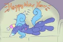 Size: 1280x853 | Tagged: safe, artist:heir-of-rick, oc, oc only, oc:sapphire lollipop, earth pony, pony, big ears, couch, ear fluff, female, freckles, happy new year, happy new year 2019, hat, holiday, mare, new year, party hat, sleeping, solo, tongue out