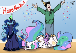 Size: 1280x899 | Tagged: safe, artist:greyscaleart, princess celestia, princess luna, twilight sparkle, oc, oc:human grey, alicorn, human, pony, unicorn, g4, confetti, constellation freckles, female, freckles, fwee, greyscaleart is trying to murder us, happy new year, happy new year 2019, hat, holiday, human male, male, mare, on back, party hat, party horn, royal sisters, signature, unicorn twilight
