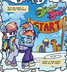 Size: 744x800 | Tagged: safe, artist:agnesgarbowska, idw, official comic, bow hothoof, rainbow dash, windy whistles, pegasus, pony, g4, spoiler:comic, spoiler:comic55, female, filly, filly rainbow dash, male, mare, stallion, unnamed character, unnamed pony, younger