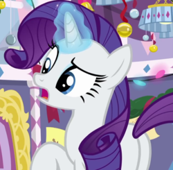 Size: 732x718 | Tagged: safe, screencap, rarity, pony, unicorn, g4, mystery voice, butt, confused, cropped, female, glowing horn, horn, magic, mare, open mouth, plot, raised eyebrow, raised hoof, solo, talking