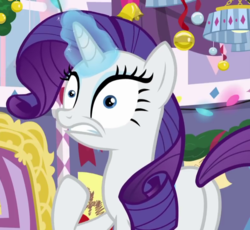 Size: 779x718 | Tagged: safe, screencap, rarity, pony, unicorn, g4, mystery voice, butt, cropped, female, glowing horn, horn, mare, plot, raised hoof, solo, teeth