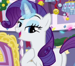 Size: 814x718 | Tagged: safe, screencap, rarity, pony, unicorn, g4, mystery voice, butt, cropped, female, flank, glowing horn, horn, looking at you, magic, mare, open mouth, plot, raised eyebrow, raised hoof, rearity, smiling, solo