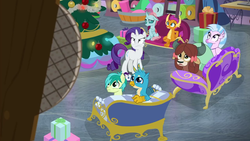 Size: 1280x720 | Tagged: safe, screencap, gallus, ocellus, rarity, sandbar, silverstream, smolder, yona, changedling, changeling, dragon, earth pony, griffon, hippogriff, pony, unicorn, yak, g4, my little pony best gift ever, mystery voice, bow, couch, dragoness, female, hair bow, male, mare, monkey swings, student six, teenager