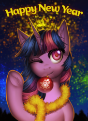 Size: 945x1300 | Tagged: safe, artist:margony, twilight sparkle, pony, g4, 2019, christmas, female, fireworks, happy new year, holiday, looking at you, mare, one eye closed, smiling, solo, wink