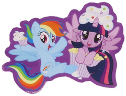 Size: 543x415 | Tagged: safe, rainbow dash, twilight sparkle, alicorn, pegasus, pony, g4, official, cupcake, cute, female, floppy ears, food, mare, merchandise, photo, sitting, smiling, spread wings, twilight sparkle (alicorn), wings