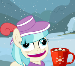 Size: 744x658 | Tagged: safe, artist:cyanlightning, edit, coco pommel, earth pony, pony, g4, chest fluff, chocolate, clothes, cup, drink, ear fluff, faic, female, food, hat, hot chocolate, hot coco, mare, marshmallow, mug, open mouth, outdoors, pudding face, pun, scarf, snow, snowfall, solo, tree