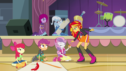 Size: 1920x1080 | Tagged: safe, screencap, apple bloom, fuchsia blush, lavender lace, scootaloo, sunset shimmer, sweetie belle, trixie, equestria girls, g4, my little pony equestria girls: rainbow rocks, boots, clothes, cutie mark crusaders, jeans, pants, shoes, sitting, skirt, trixie and the illusions
