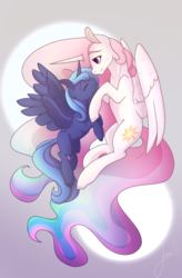 Size: 1200x1830 | Tagged: safe, artist:_candypone_, princess celestia, princess luna, alicorn, pony, g4, eyes closed, female, mare, open mouth, royal sisters, siblings, signature, sisters, smiling, younger