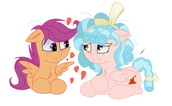 Size: 1072x660 | Tagged: safe, artist:groomlake, cozy glow, scootaloo, pegasus, pony, g4, blushing, bow, cheek fluff, chest fluff, colored, cozybetes, cute, cutealoo, ear fluff, eye contact, female, filly, floppy ears, folded wings, freckles, frown, hair bow, hairband, heart, lesbian, lidded eyes, looking at each other, love, mare, messy mane, prone, pure concentrated unfiltered evil of the utmost potency, ribbon, sad, ship:cozyloo, shipping, simple, simple background, smiling, spread wings, white background, wings