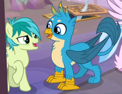 Size: 530x406 | Tagged: safe, screencap, gallus, sandbar, earth pony, griffon, pony, g4, what lies beneath, male