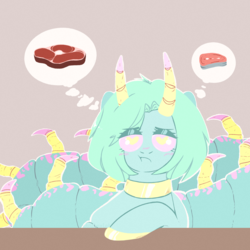 Size: 2000x2000 | Tagged: safe, artist:etoz, oc, oc only, oc:scarlett, fish, original species, pony, blushing, choker, eyebrows, eyebrows down, female, food, heart eyes, high res, horns, mare, meat, scolopendra, simple background, solo, sulking, thinking, wingding eyes