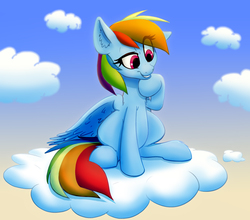 Size: 1689x1488 | Tagged: safe, artist:ikarooz, rainbow dash, pegasus, pony, g4, cloud, dreamworks face, female, mare, on a cloud, smiling, solo