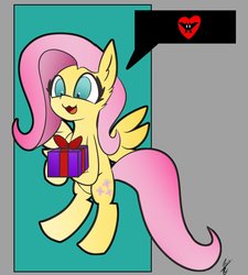 Size: 2581x2862 | Tagged: safe, artist:exxie, fluttershy, g4, birthday, floating, heart, high res, open mouth, present, simple background, smiling, tiarawhy