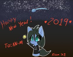 Size: 1500x1168 | Tagged: safe, artist:exxie, oc, oc only, oc:reflect decrypt, earth pony, pony, chibi, female, new year, simple background, solo, sparkler (candle)