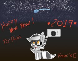 Size: 1500x1168 | Tagged: safe, artist:exxie, oc, oc only, oc:bandy cyoot, new year, simple background, smiling, trash can