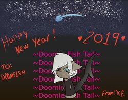 Size: 1500x1168 | Tagged: safe, artist:exxie, oc, oc:cella, chibi, doomie doomie fish tail, fish tail, frown, new year, simple background