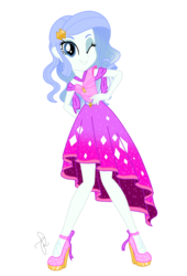 Size: 1480x2179 | Tagged: safe, artist:ilaria122, oc, oc only, oc:sapphire blue, equestria girls, g4, alternate hairstyle, clothes, crystal gala, crystal gala dress, dress, female, high heels, next generation, offspring, one eye closed, parent:fancypants, parent:rarity, parents:raripants, shoes, simple background, smiling, solo, transparent background