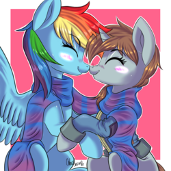 Size: 1260x1260 | Tagged: safe, artist:ask-colorsound, rainbow dash, oc, oc:littlepip, pegasus, pony, unicorn, fallout equestria, g4, blushing, boop, canon x oc, clothes, eyes closed, fanfic, fanfic art, female, hooves, horn, jumpsuit, lesbian, mare, noseboop, scarf, ship:pipdash, shipping, signature, sitting, smiling, spread wings, time travel, vault suit, wings