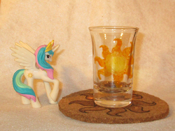 Size: 2029x1522 | Tagged: safe, artist:malte279, princess celestia, g4, blind bag, coaster, cork, craft, cutie mark, female, glass, glass painting, irl, photo, pyrography, shot glass, toy, traditional art