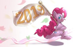 Size: 2500x1536 | Tagged: safe, artist:kurogewapony, pinkie pie, earth pony, pony, g4, 2019, bipedal, colored pupils, female, flag, happy new year, happy new year 2019, holiday, smiling, solo
