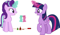 Size: 5394x3102 | Tagged: safe, artist:ironm17, starlight glimmer, twilight sparkle, alicorn, pony, unicorn, g4, duo, duo female, female, happy, looking at each other, magic, magic aura, mare, new year, open mouth, simple background, transparent background, twilight sparkle (alicorn), vector