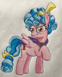 Size: 2262x2790 | Tagged: safe, artist:bozzerkazooers, cozy glow, pegasus, pony, g4, bow, female, freckles, high res, mare, older, older cozy glow, solo, traditional art