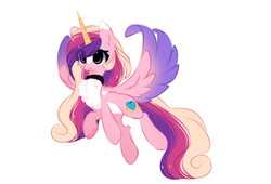 Size: 1686x1148 | Tagged: dead source, safe, artist:php146, princess cadance, alicorn, pony, g4, chest fluff, choker, colored horn, colored wings, cute, cutedance, female, flying, gradient wings, horn, mare, open mouth, simple background, solo, spread wings, underhoof, white background, wings