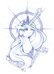 Size: 1123x1546 | Tagged: safe, artist:longinius, princess celestia, alicorn, pony, g4, bust, crown, ear piercing, earring, female, halo, latin, lineart, long mane, looking up, magic, mare, monochrome, peytral, piercing, regalia, scroll, solo, stained glass