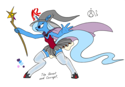 Size: 1000x694 | Tagged: safe, artist:sepiakeys, trixie, unicorn, anthro, g4, alicorn amulet, armpits, cape, clothes, corset, female, hat, horseshoes, magic, mare, pleated skirt, skirt, solo, stockings, thigh highs, trixie's hat, wand, witch hat, zettai ryouiki