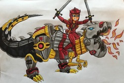 Size: 3292x2215 | Tagged: safe, artist:bozzerkazooers, sunset shimmer, equestria girls, g4, armor, commission, dinobot, fiery shimmer, fire, grimlock, high res, knight, riding, smiling, sword, traditional art, transformers, weapon